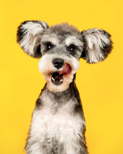 Schnauzer with a fresh trim against a yellow backdrop